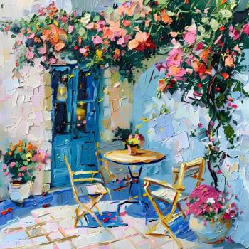 A small table under the shade of a tree in front of the door